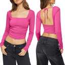 Hafailia Backless Long Sleeve Tops for Women - Casual Y2K Crop Shirts Square Neck Slim Fit Cut Out Workout Tees 2024 Hot Pink XS (Pink, XS)