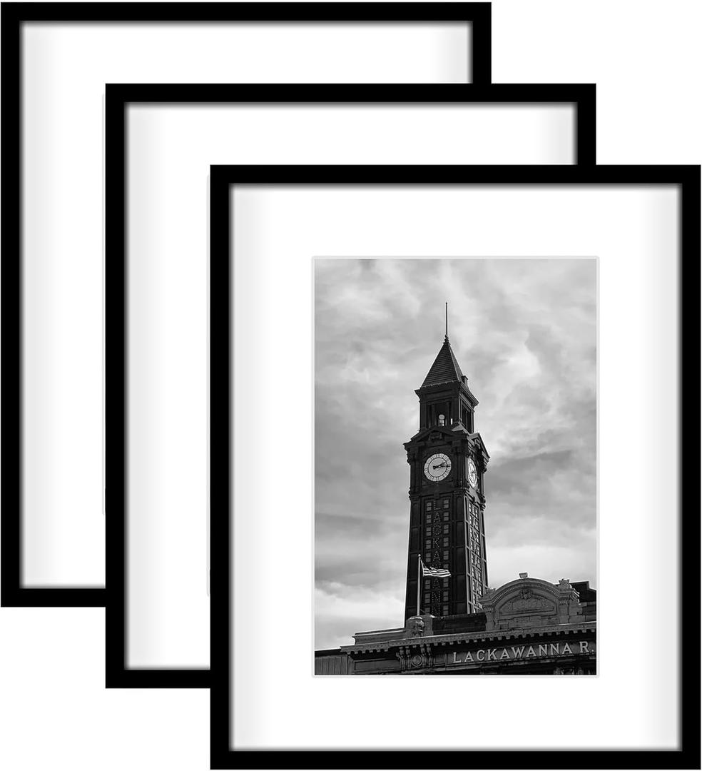 Wiscet 16"x20" Picture Frame Set of 3, Display Pictures 11"x14" with Mat or 16" x 20" Poster Frame Without Mat, Wall Gallery Photo Frames, Black