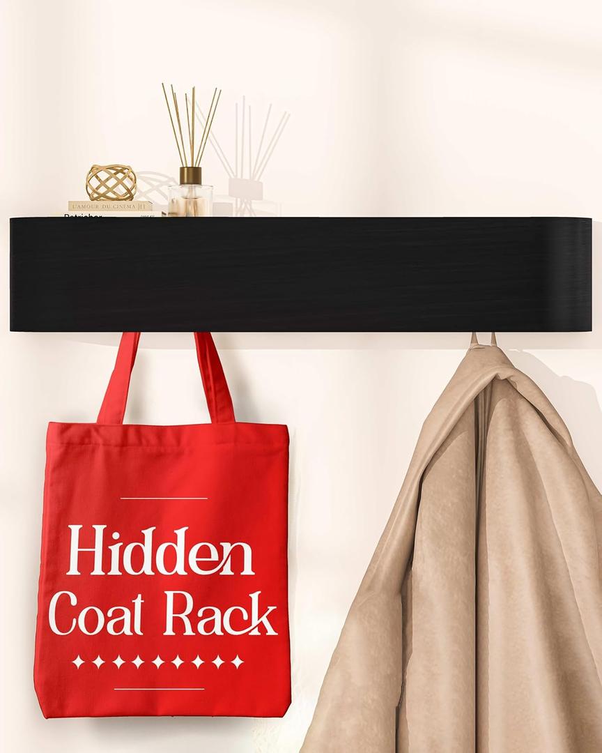 OLEEK Wall Coat Rack with Shelf - Wall Shelf with Hooks - entryway Hooks - Modern Coat Rack - Wooden Mount for Home Decor - Jacket Hanger - Coat Hanger Wall Mount (Black)