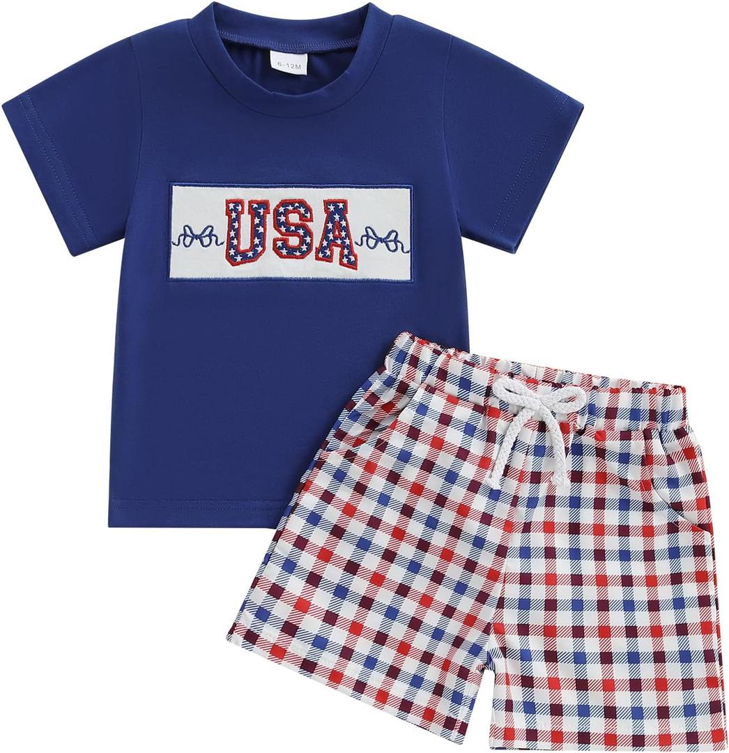 Toddler Baby 4th of July Outfit Boy Girl USA Short Sleeve T-shirt With Plaid Shorts Patriotic Baby Clothes