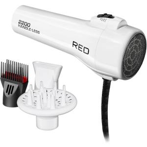 Red by KISS HandleLess Blow Dryer 2200W Ceramic Tourmaline White Color, 3 Heat Settings, Pik and Diffuser Included Comfortable Grip, Ionic for Frizz-Free Shine, Detangler & Straightening, White