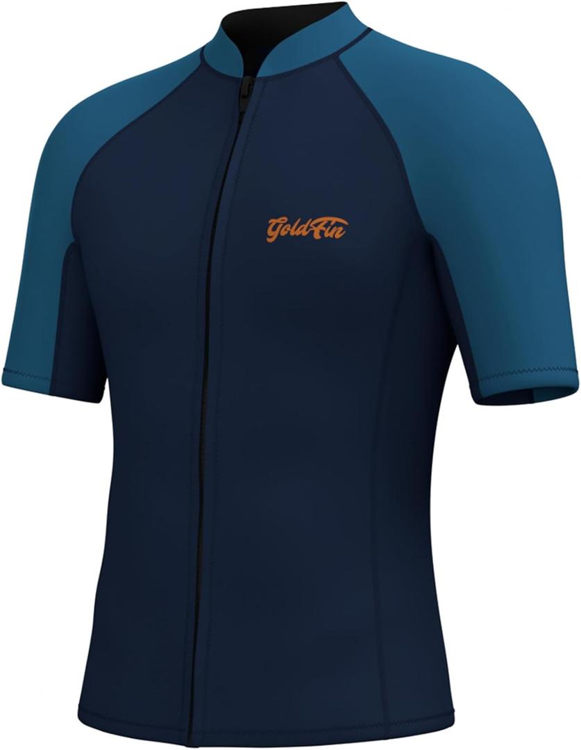 GoldFin Men Wetsuit Top, Mens Short Sleeve Wet Suit Neoprene Jacket 2mm Front Zipper Wetsuits Shirt Cold Water Swim Scuba Diving Surfing Snorkeling (Large, Navy)