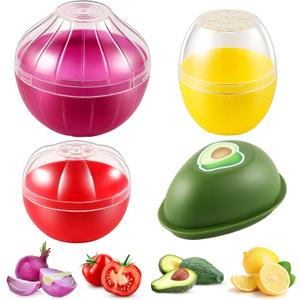 Vegetable and Fruit Storage Containers for Fridge, 4 Pcs BPA Free Reusable Food Saver - Tomato, Avocado, Onion, Lemon Keeper Holder - Refrigerator Vegetable Crisper for Keeping Food Fresh Longer
