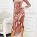 NASHALYLY Elegant Velvet Dress for Women,Sexy Long Sleeve Bodycon Mermaid Dress Ruched Cocktail Party Wedding Square Neck (Pink)