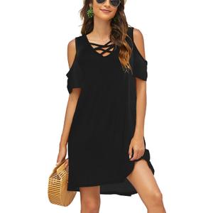 Bluetime Women Cold Shoulder Summer Dress Short Sleeve Beach Casual Loose Swing Dress (Black, XXL)