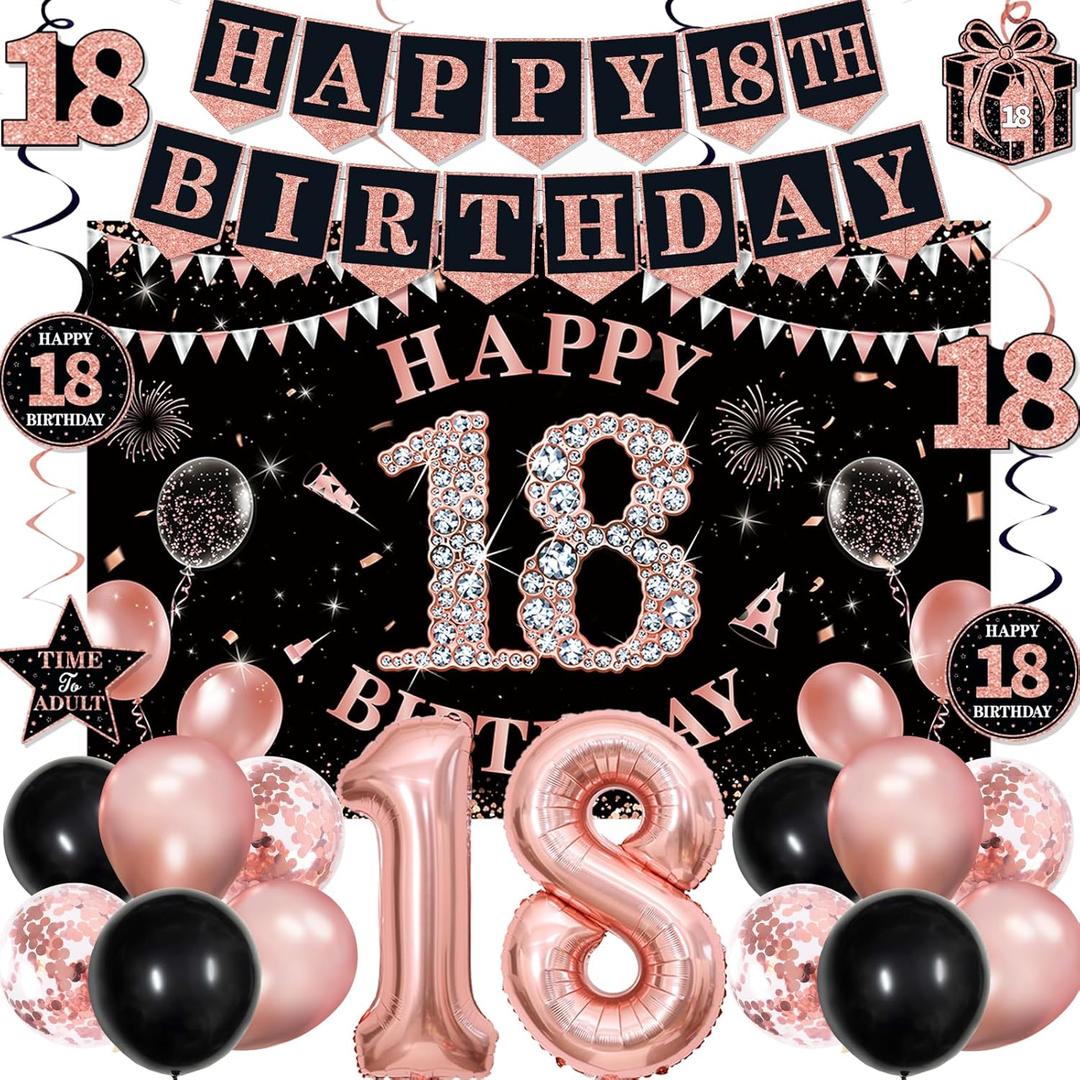 18th Birthday Decorations for Girls, Rose Gold Black Happy 18th Birthday Party Decorations, Happy 18th Birthday Backdrop, Foil Balloons 18, Banner, Balloons, Hanging Swirls, Birthday Cards Set 45pcs