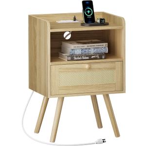 SUPERJARE Nightstand with Charging Station & Rattan-Like Decor Drawer, Rattan End Table with Solid Wood Feet, Bed Side Table with Open Storage, for Bedroom, Living Room, Dormitory - Natural (11.8"D x 15.9"W x 23.4"H (1 Drawers))