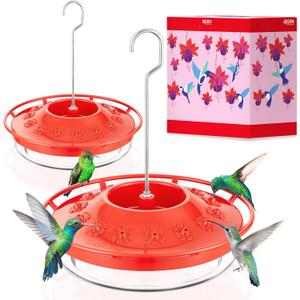 iBorn Hummingbird Feeders for Outdoors Hanging,Bee Proof Hummingbird Feeder with 14 Feeding Ports,13 OZ Saucer Humming Bird Feeders with Ant Moat,Ant Proof No Leak,Easy to Clean and Refill,2 Pack,Red