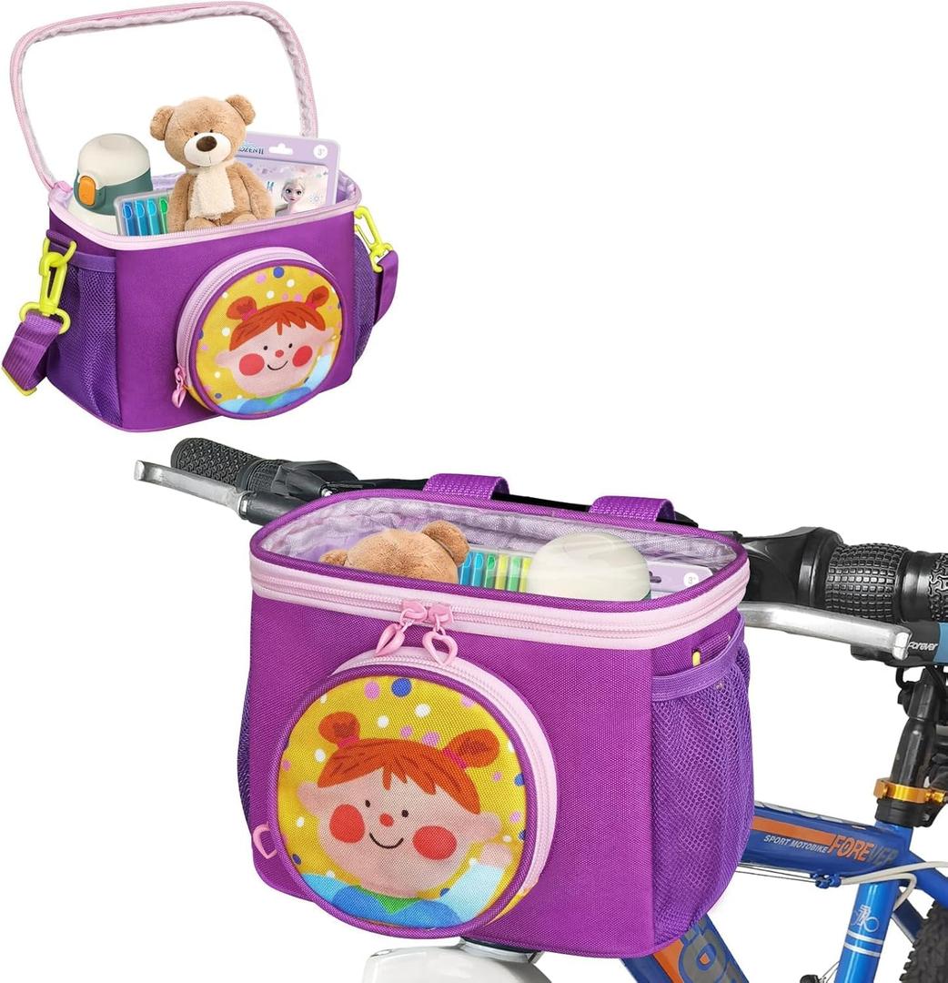 RAYMACE Kids Bike Basket Front with Shoulder Strap, Multi-Functional Handlebar Bike Bag for Girls Boys Toddlers, Scooter, Bicycle Accessories, purple