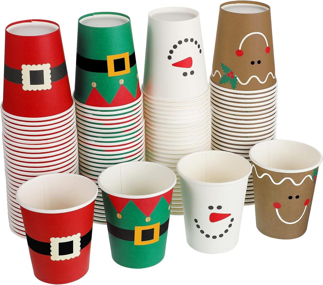 Funtery 100 Pieces Christmas Paper Cups Xmas Disposable Coffee Cups Snowflake Santa Snowman Elk Lights Christmas 9 Ounce Drinking Tea Paper for Daily Use Holiday (Bright Style)