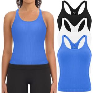 3 Pack Ribbed Workout Crop Tank Tops with Built in Bra for Women Seamless Racerback Cropped Athletic Gym Yoga Tops (L)