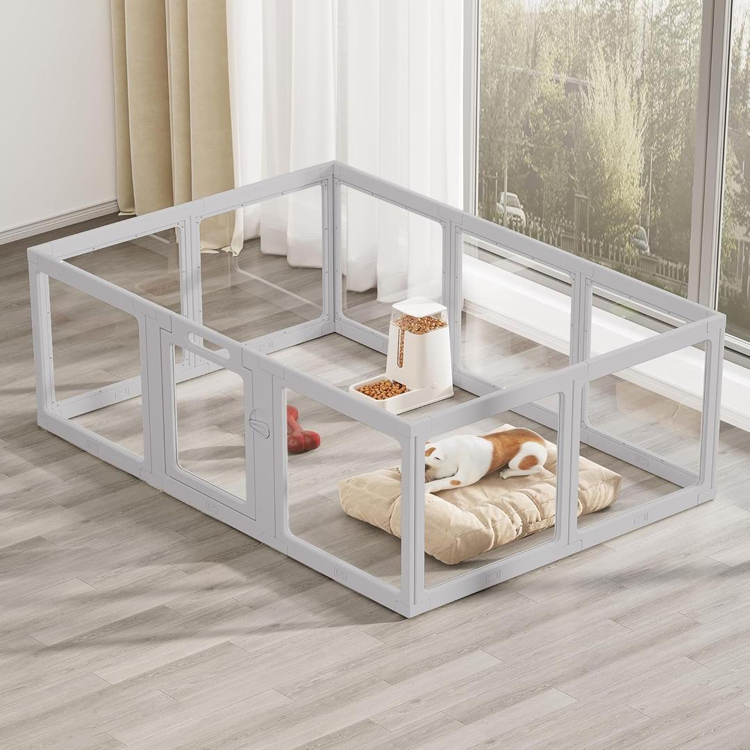 Clear Acrylic Dog Playpen Indoor, Puppy Cat Small Pet Play Pen, Pet Cat Foldable Playpen for Rabbits, Dog Fence Crate Kennel Whelping Cage (Grey, 10 Panel)