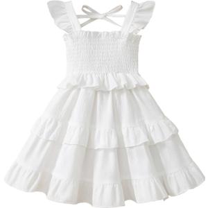 Toddler Girls Summer Smocked Dress Flutter Sleeve Tiered Ruffle Sundress (White, 3-4Y)