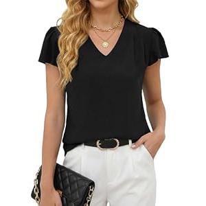 Gleeneat Womens Black Business Casual Work Blouses Summer Dressy Casual Dress Ruffle Short Sleeve Shirts Flowy V Neck Cute Office Tops 2026 Trendy Outfits Blusas Casuales de Mujer Bonitas, M