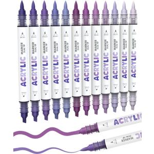 Guangna 12 Purple Dual Tip Acrylic Paint Markers, Brush Tip & Chisel Tip Acrylic Paint Pens for Pumpkin Paint, Rock, Wood, Glass, Paper, Coloring Book, Ceramic, Canvas, Water-Based Ink