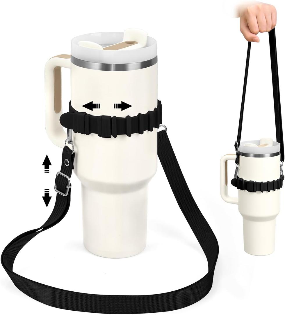 Water Bottle Strap, Silicone Water Bottle Holder with Strap, Adjustable Handle Shoulder Carrier for Stanley (Black)