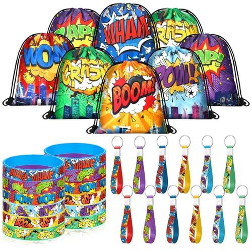 Lothee 32 Pcs Spider Party Favors Spiderweb Birthday Party Decor Drawstring Bag Goodies Bags with Rubber Bracelets Wristlet Keychain for Spiders Supplies Friends Gifts Carnival Accessories(Hero)