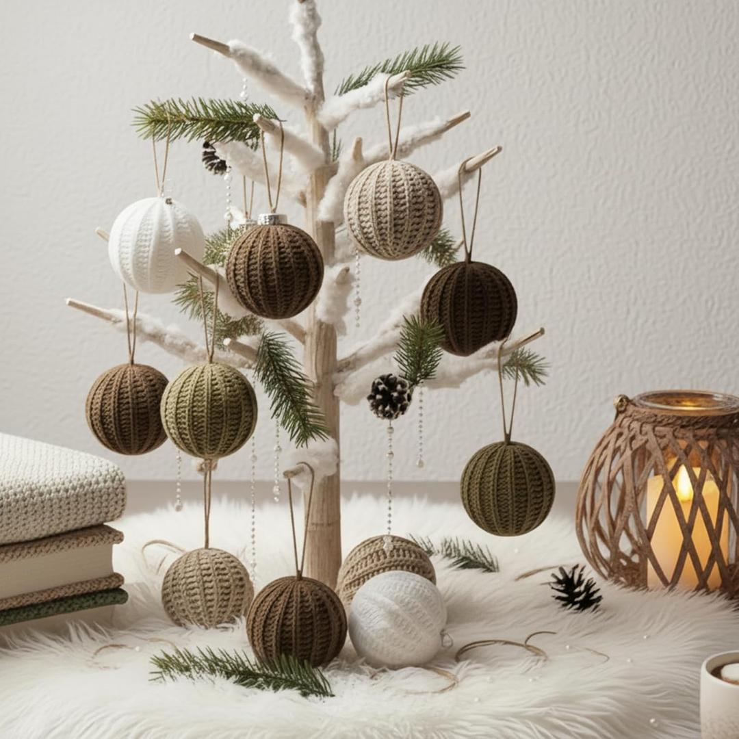Amyhill 12 Pcs Neutral Christmas Ornaments 2.36 Inch Crochet Brown Christmas Ball Ornaments Modern Rustic Handmade Knitted Woven Tree Decoration for Farmhouse Xmas Home Party Garlands Wreath Decor