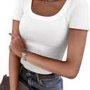 ANRABESS Women Short Sleeve Tops Scoop Neck Ribbed Knit Slim Fitted Basic Tee Shirts Casual Summer Clothes 2025 Fall Outfits Size M