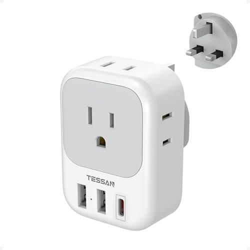 US to UK Plug Adapter PD 20W, TESSAN Type G Travel Converter with 3 USB Charger(1 USB C Port), 4 Outlets Power Adaptor for USA to Qatar Ireland Hong Kong England Scotland Kenya Dubai London British