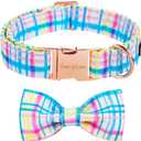 Unique style paws Easter Day Dog Collar with Bow Tie Blue Pink Grid Puppy Collar for Small Medium Large Boys Girls-XS