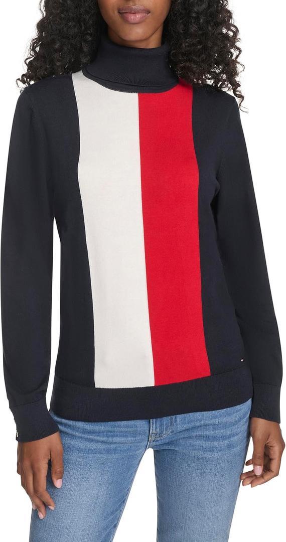 Tommy Hilfiger Womens Long Sleeve Cotton Turtleneck Light Weight Sweater (Large, Sky Captain)