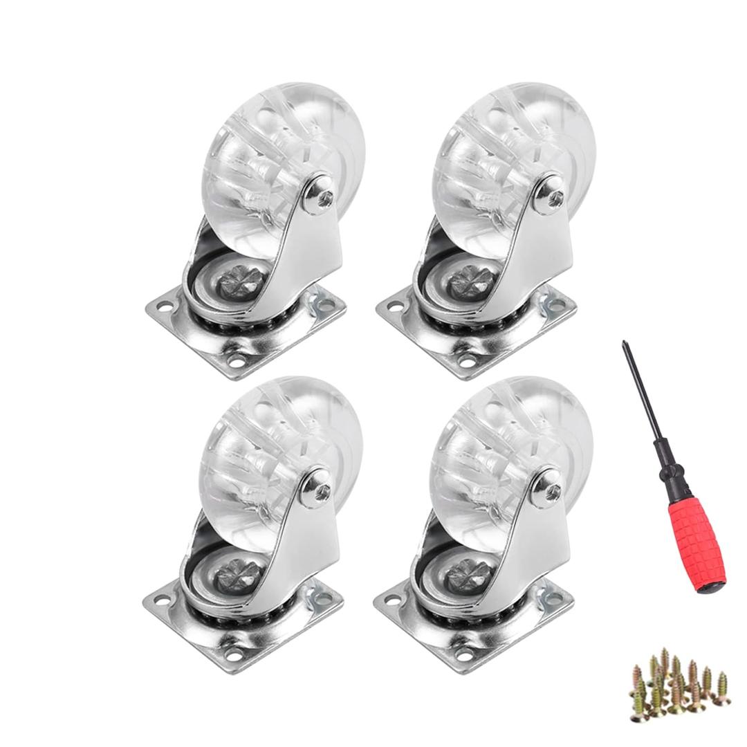 4 Pack Swivel Caster Wheels for Furniture, 2 Inch Heavy Duty Castor Wheels, Crystal Clear Polyurethane Rolling Castors with 360 Degree Plate for Cabinet,Ottoman,Bench (500 Lbs,Screws Included)