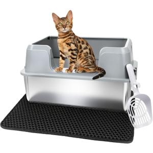 Vivifying Stainless Steel Cat Litter Box, Large Semi-Enclosed Litter Box with Lid and Mat, Anti-Leakage Metal Pan for Easy Cleaning & Odor Control (Gray)
