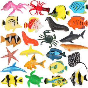NUOBESTY 24Pcs Tropical Fish Model Set Realistic Ocean Animals Figures Plastic Sea Creatures for Fish Tank Decorations and Bath Toys