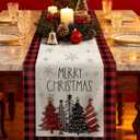 3 x Xmas Tree Christmas Table Runner - 13x72 Buffalo Plaid Christmas Tree Table Runner with Snowflake Merry Xmas Decor, Vintage Farmhouse Rustic Winter Decoration for Home Kitchen Dinner Party