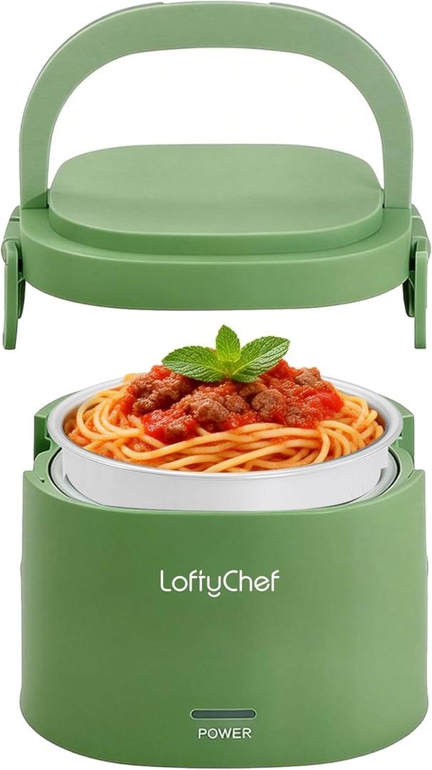 Portable 20-Ounce Electric Heated Lunch Box, 2.5-Cup Food Warmer for Travel & Office, Leak-Proof Silicone-Sealed Lid, Foldable Handle, Ideal for Soup, Chili & Leftovers, Green
