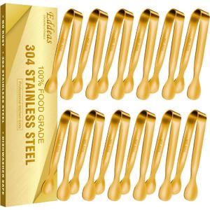 EDDEAS 12 PCS Small Serving Tongs, 4.3" Mini Gold Tongs, Gold Kitchen Tongs for Serving Food, Coffee Bar, Tea Party, Desserts Party and Ice Bucket