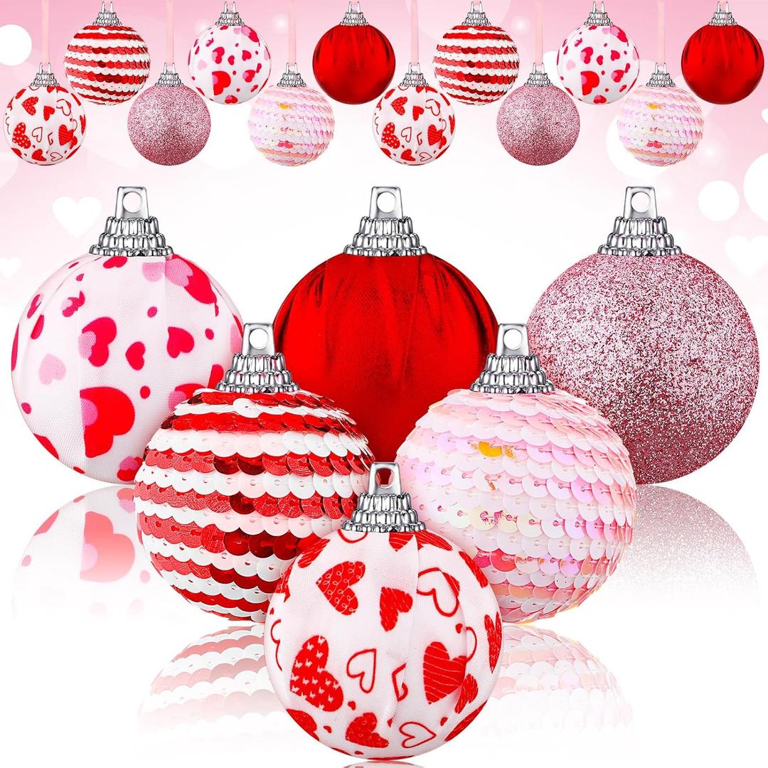 Riceshoot 12 Pcs Valentines Day Ball Ornaments 2.36 Inch Red Pink White Hanging Decor Heart Balls Ornaments for Tree Valentine's Day Party Supplies Decorations (1.97 Inches/ 5 cm, Romantic)