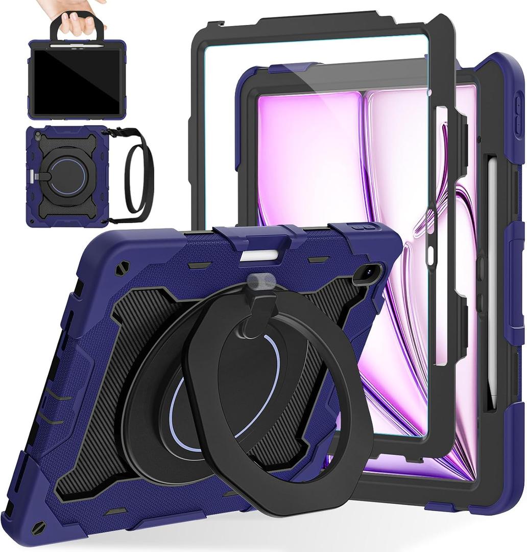 ROISKIN for iPad Air 13 inch Case (M3 2025/M2 2024) -with HD Screen Protector, 360 Rotating Kickstand/Handle, Shoulder Strap, Pen Holder, Heavy Duty Military Grade - Kids Friendly (Navy Blue)