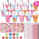 Pasimy 32 Set Valentine's Day Stationery Gift Valentine Classroom Exchange Gifts Include Cups Cards Pencils Stickers Erasers Stampers Sharpeners for Boy and Girl Prize Party Favor(Food)