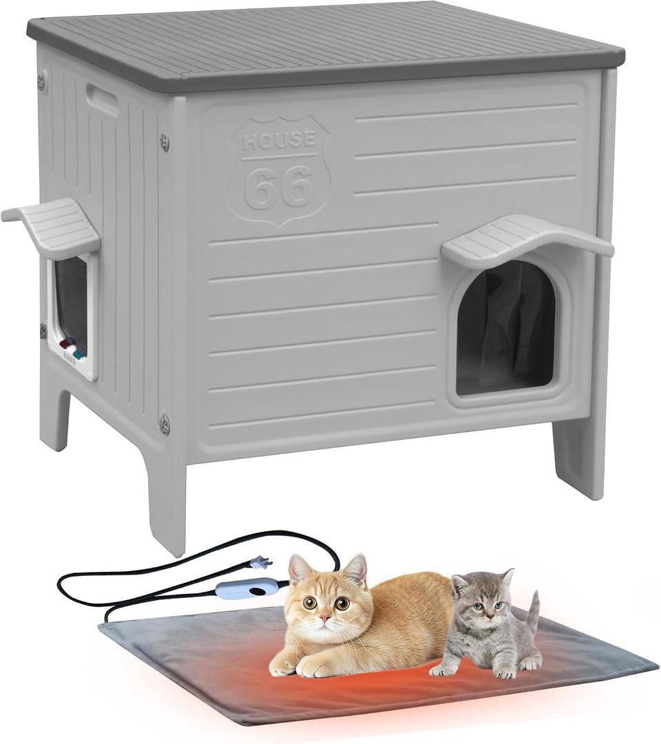 Heated Outdoor Cat House Weatherpoof Large Plastic Feral Cat Shelter