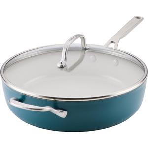 KitchenAid Hard Anodized Ceramic Induction Nonstick Cookware Saute Pan/Jumbo Cooker with Lid and Helper Handle, Dishwasher Safe, 5 Quart Non Stick Sauteuse with Stainless Steel Handles - Agave Blue