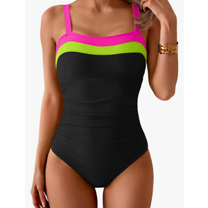 Aidonger Women's Ribbed One Piece Swimsuits Color Block Tummy Control Bathing Suit Slimming 1 Piece Swimwear,M