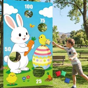 Easter Games – Bunny Bean Bag Toss Game Indoor Outdoor Throwing Game with 4 Bean Bags, Easter Games for Kids, Easter Party Games for Birthday Carnival Activity Rabbit Decoration