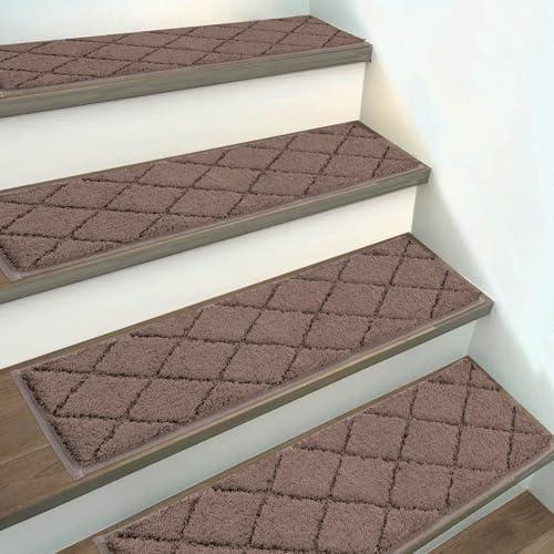 HEBE Carpet Stair Treads Non Slip 15 PCS 8" X 30" Edging Stair Runner for Wooden Steps Indoor Self Adhesive Stair Rugs Runners Reusable Staircase Step Treads Mat for Kids, Elders, Pets
