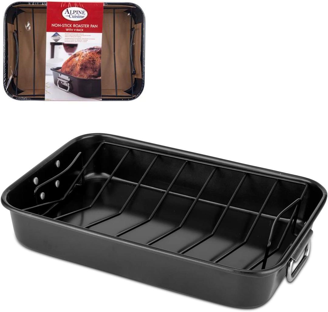 Alpine Cuisine Turkey Roaster Pan with Rack 16-Inch - Nonstick Coating Carbon Steel Pan - Black & Heavy Duty Roasting Pan - Easy to Clean, Multipurpose Use - Durable & Dishwasher Safe