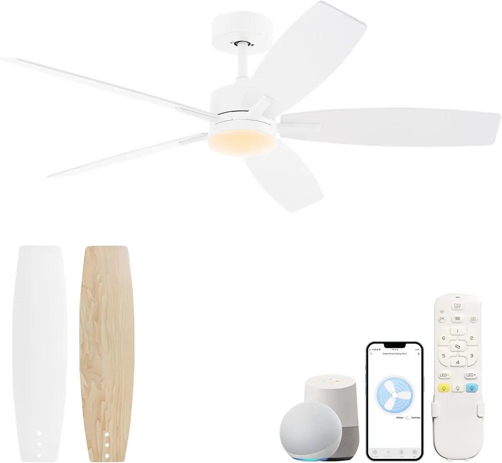 52'' White Ceiling Fan with Light,DC Quiet &Reversible Motor with 6 Speeds Adjustable,Outdoor Ceiling Fan with Light,Large Airflow for Living Room,Bedroom