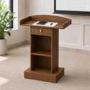 Teacher Podium Stand Lectern Wooden Drawer Lectern Podium 42in Height Wooden Storage Drawer Brown for Classroom Office Reception School Seminar Floor Standing(Brown)