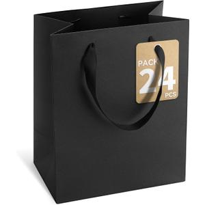 Black Gift Bags With Handles, 8x5x10 Inch Sturdy Kraft Paper Gift Bags, Bulk for Wedding, Party, Birthday, Business and Shopping (Black-M-24-pcs)