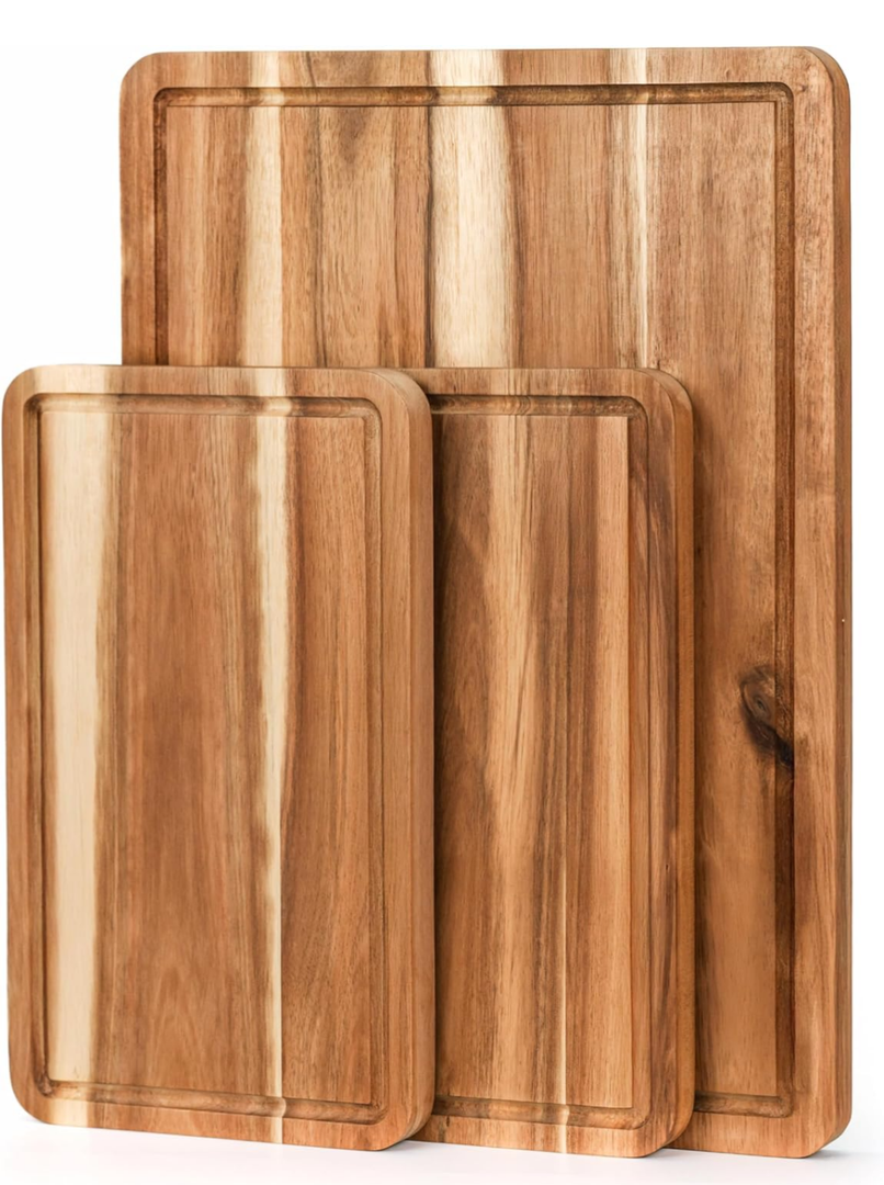 Acacia Wood Cutting Board Set with Juice Groove (3 Pieces), Organic Wooden Cutting Boards for kitchen, Butcher Block Cutting Board for Meat, Vegetable, Wooden Chopping Board 15x10, 12x8, 9x6 inch