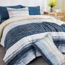 WONGS BEDDING Blue Comforter Set Full Size, 7 Pieces Full Bed in a Bag for All Season, Soft and Breathable Striped Bedding Set with Boho Comforter, Flat Sheet, Fitted Sheet, Pillowcases & Shams