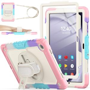 SEYMAC stock Case for Samsung Galaxy Tab A9+ Plus 11'', Full-Body Drop Protection Case with Screen Protector Pencil Holder [360 Rotating Hand Strap] &Stand, Yellowish+Pink