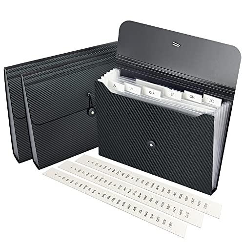 7 Pocket Expanding File Folder with Tab Inserts, Accordian File Organizer Document Receipt Organizer, Accordion Folder File Keeper A4 Letter Size, for School Home Office, Black(Pack of 3)