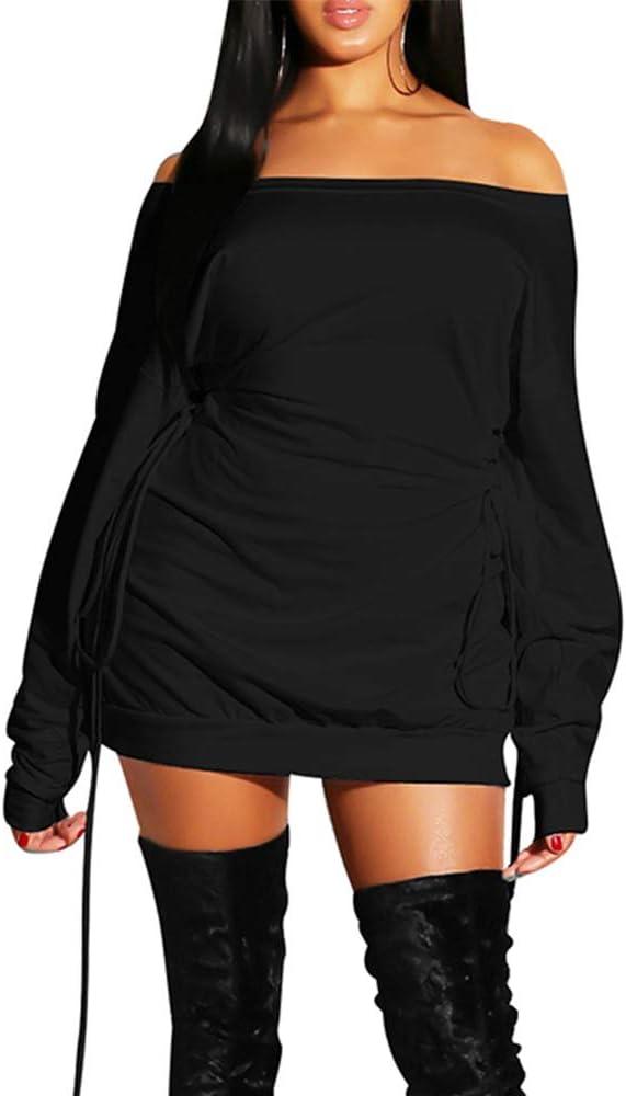 GOKATOSAU Women's Sexy Casual Off Shoulder Long Sleeve Lace Up Loose Club Mini Dress (M, Black)