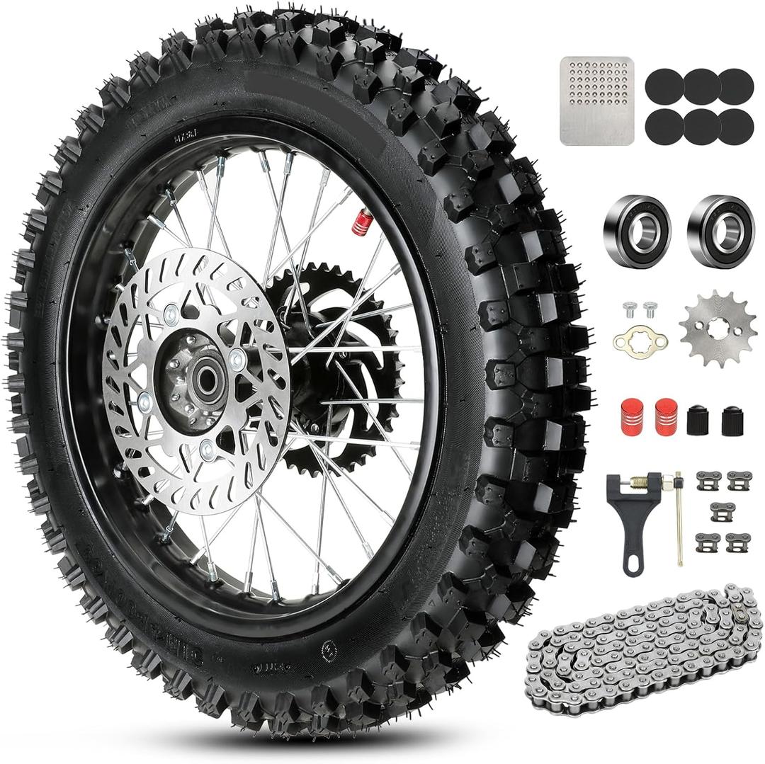 14'' Wheel 90/100-14 3.00-14 Dirt Bike Rear Tire Rim Assembly for RM80 RM85 KLX125 KX85 TT125 YZ85 YZ80 TaoTao DB17 DB27 Off Road Pit Bike and 12mm Bearings Brake Rotor 428 Chain 41T Sprocket